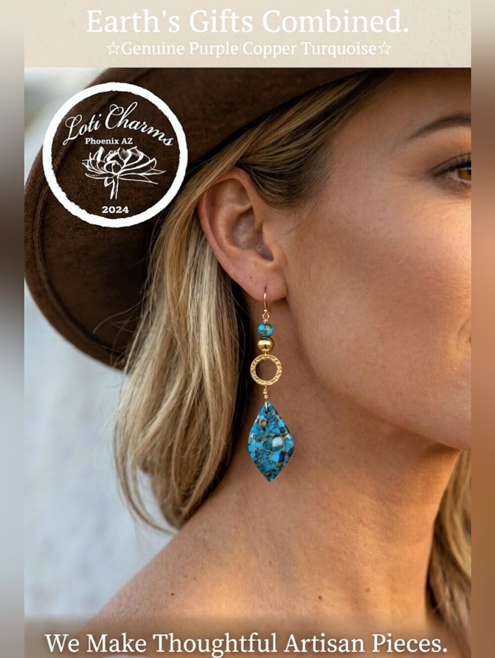 Authentic Blue Green Turquoise Copper In Artisan Handmade Gold Plated Earrings